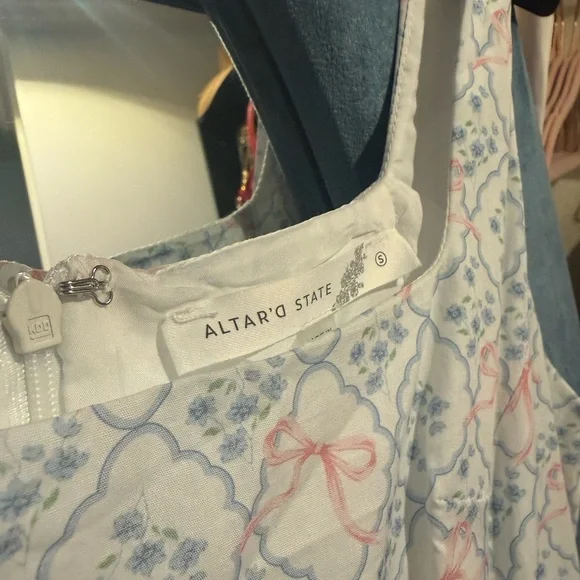 Altar'd State White Dress with Pink Bows and Blue Floral Print - Picture 5 of 7